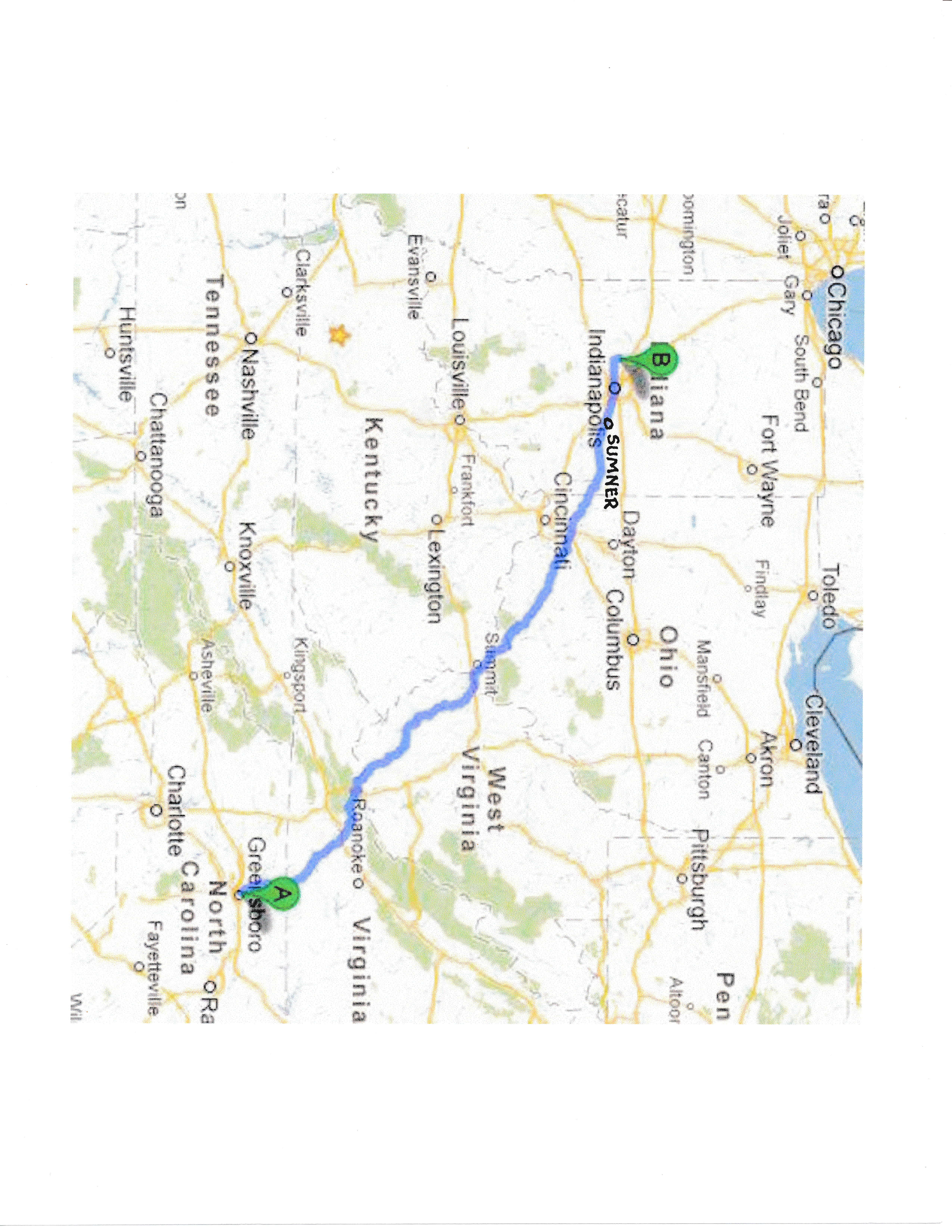 Map of the route Thomas and Matilda took from North Carolina to Indiana