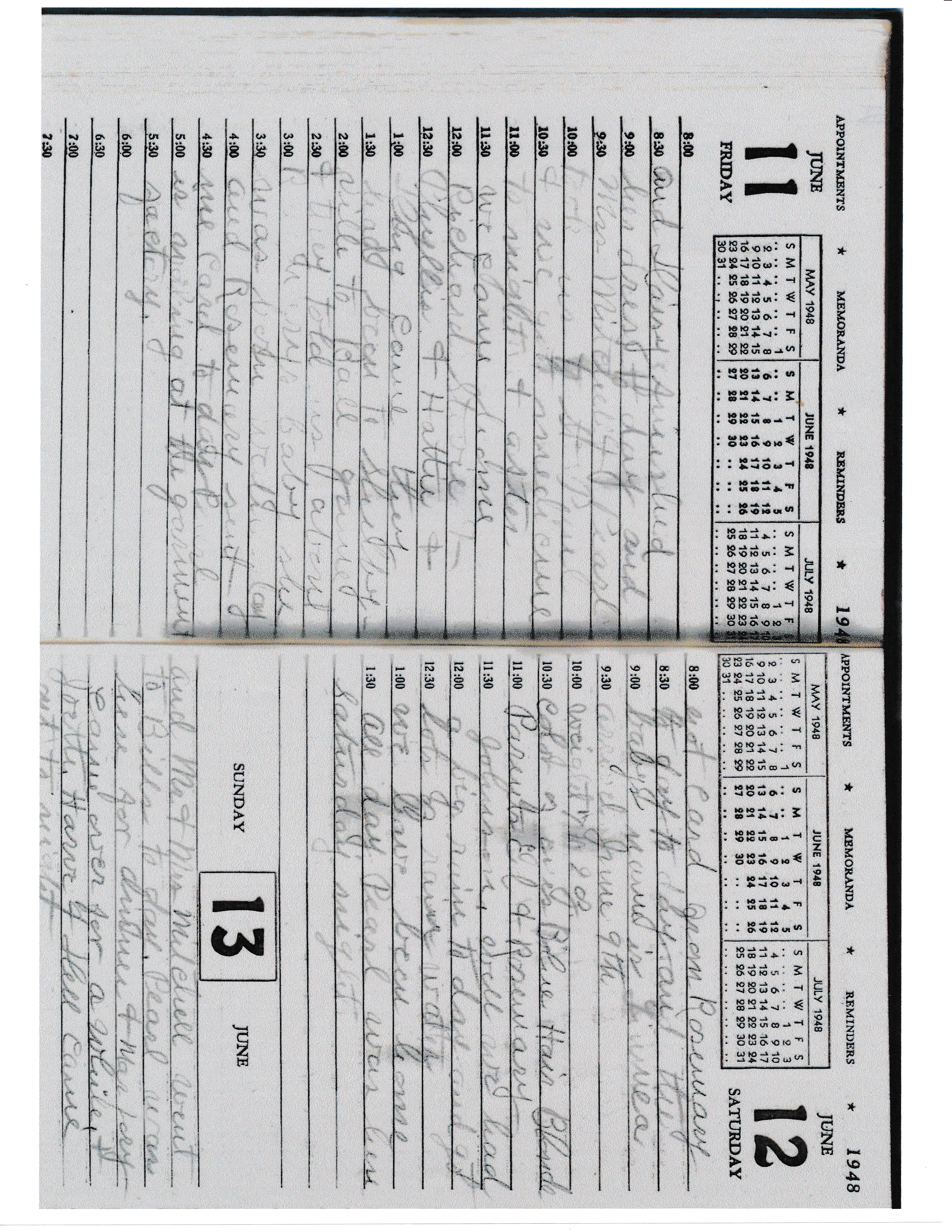 Indiana's diary — 1948 entry (mentions a visit from Richard, Phyllis, Stevie, Hattie & Ding, and a card from Rosemary about the birth of her daughter Linnea)
