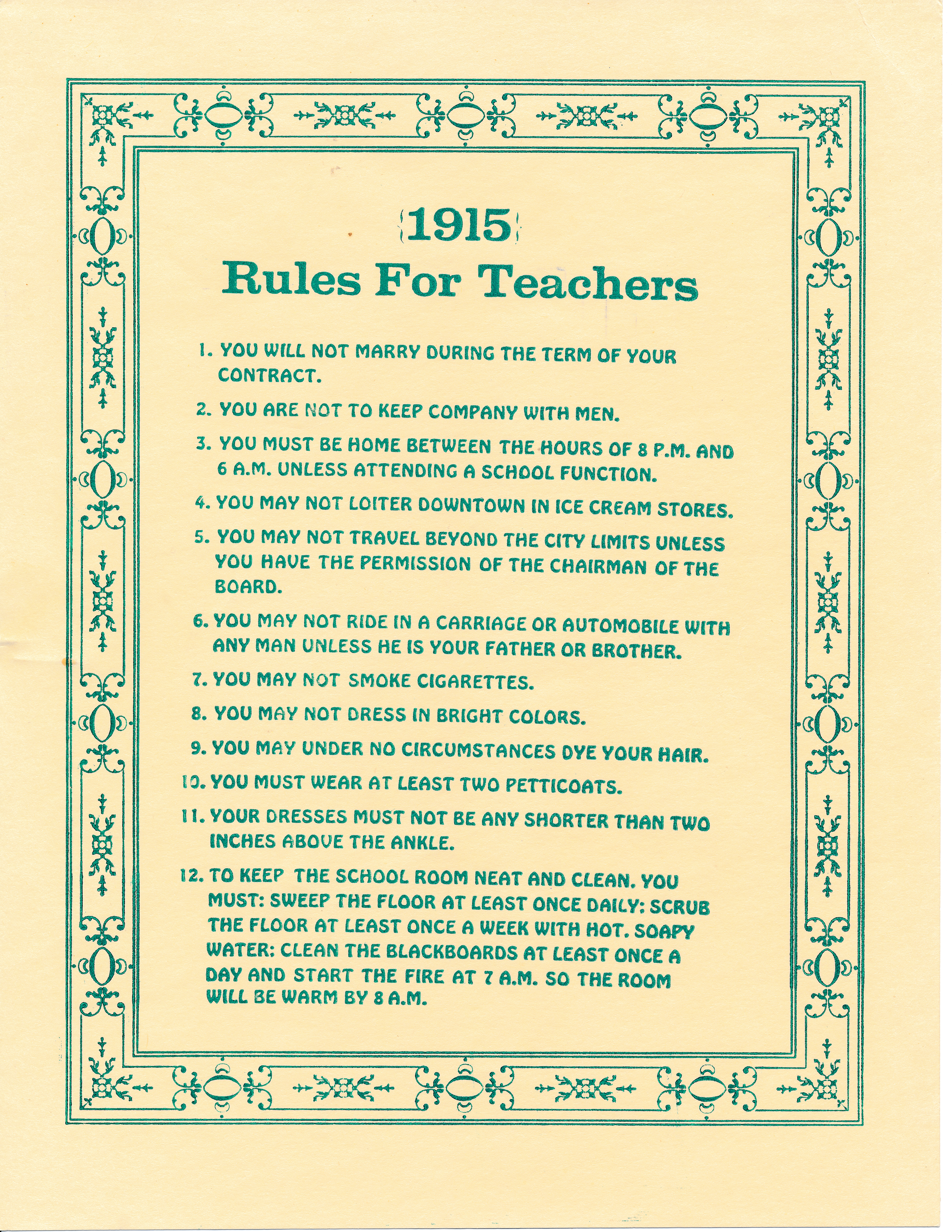 Rules for Teachers adopted by the state in 1915 — rules Hattie had to follow