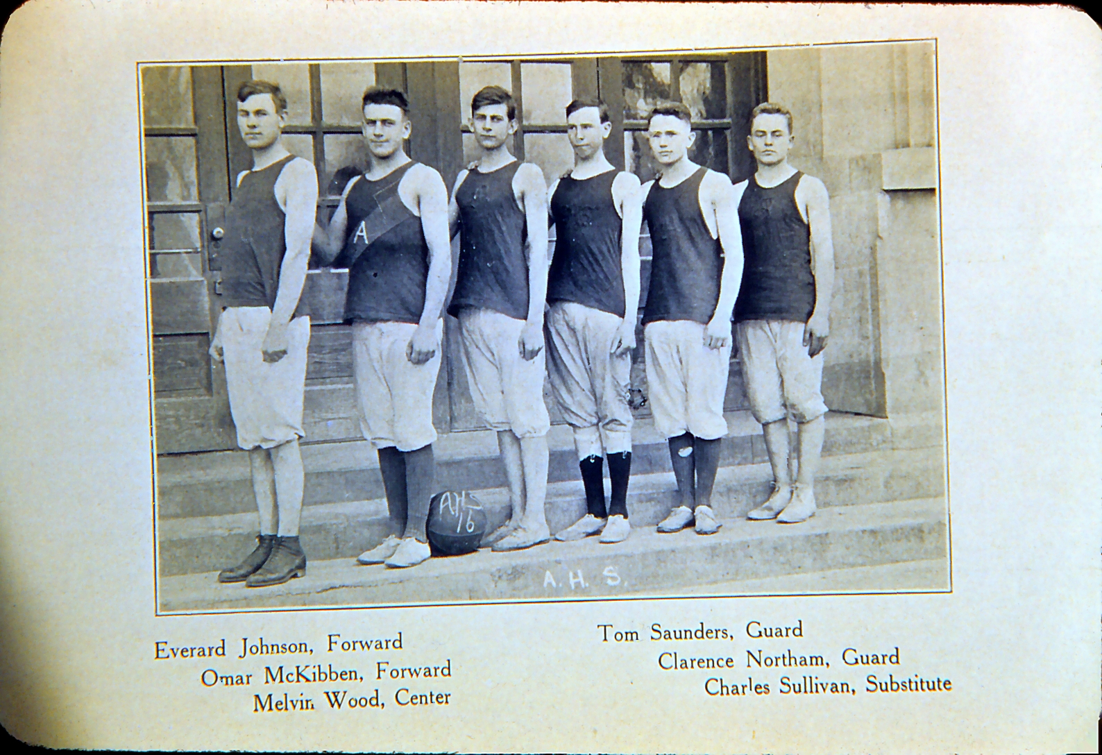 Clarence's High School basketball team — The Purple Breezes. Clarence is 2nd from the right.