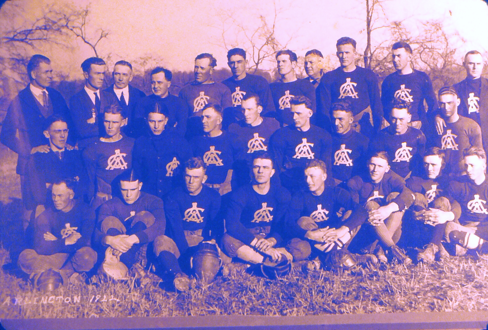 The Arlington Athletic Club football team — Chet is 2nd from the right sitting on the ground; Clarence is 2nd from the right in the center row. They played in the same league as George Halas's team — which became the Chicago Bears!